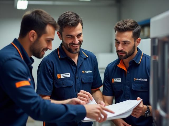 Team di tecnici di Firenze Ritorno in divisa mentre collaborano in un ambiente di laboratorio pulito.